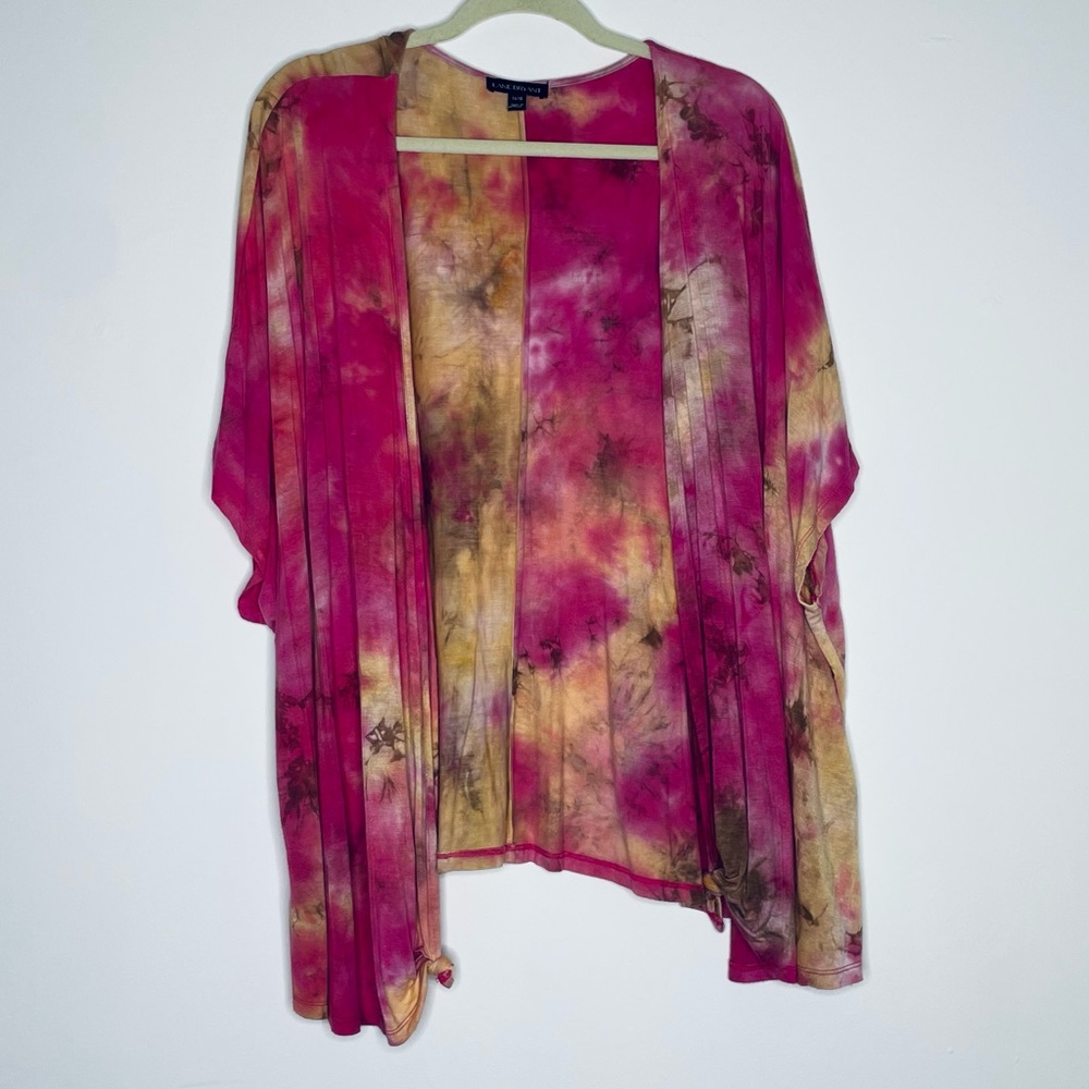 Lane Bryant Boho Hippie Pink, Tan, Gold Tie-Dye open kimono Top Size 14/16